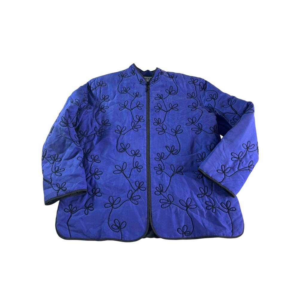 Chico’s Design Size 1 Medium Blue/Purple Silk Embroidered Jacket Black Floral